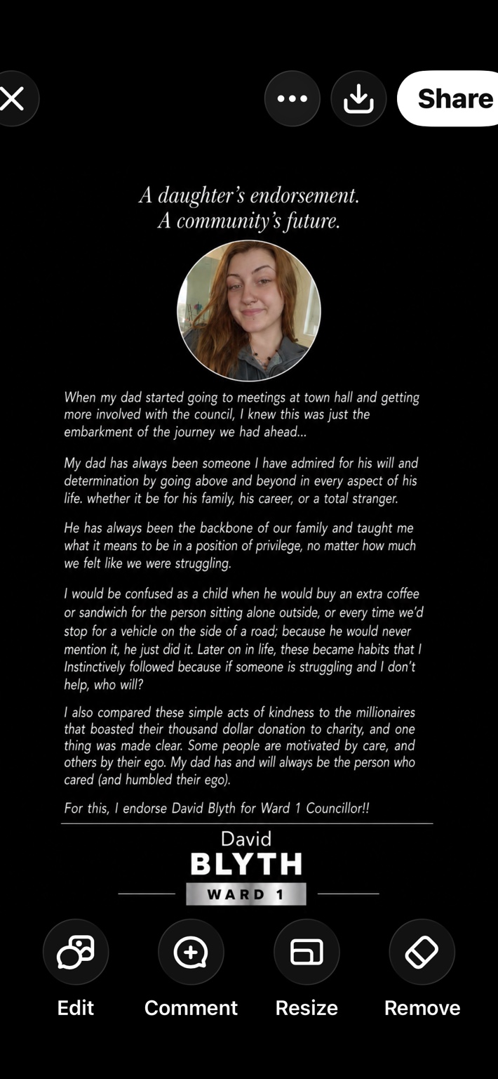 A daughter's endorsement of David Blyth for Ward 1 Councillor